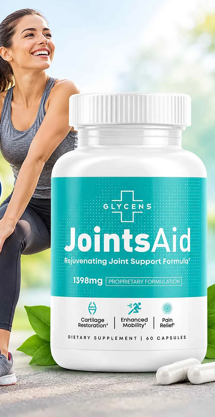 Person stretching outdoors beside a JointsAid bottle